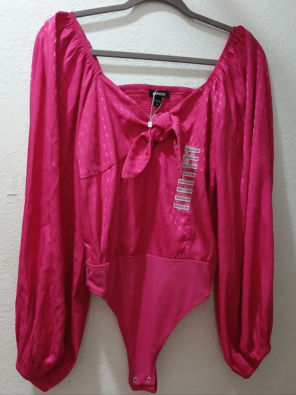 Express Nwot M Hot Pink Satin Tie-Front Long Sleeve Bodysuit